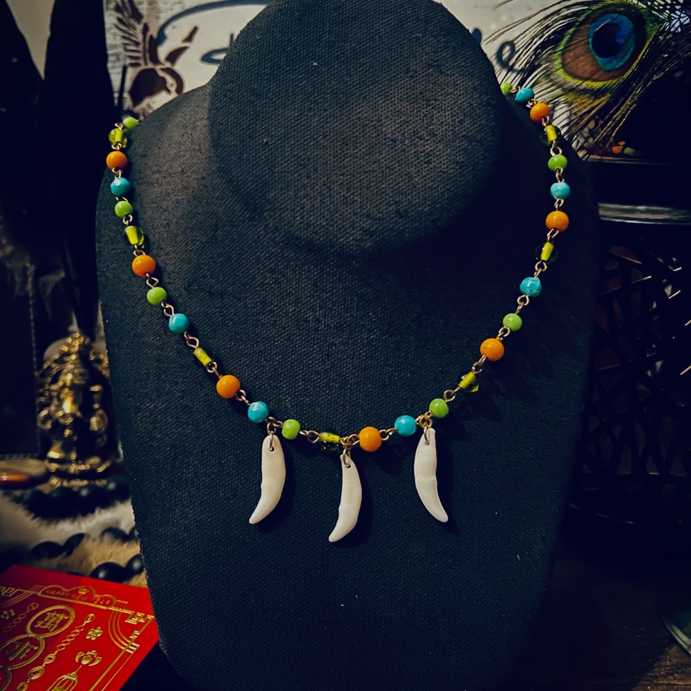 Colorful Beaded Necklace with Coyote Teeth